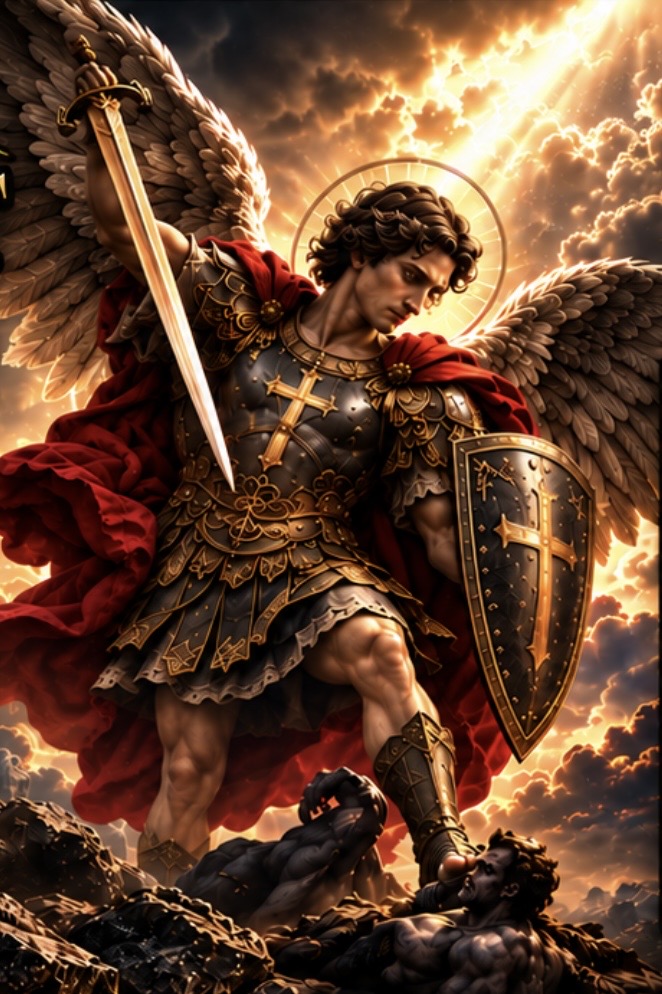 St. Michael the Archangel in golden armor, holding a sword and shield